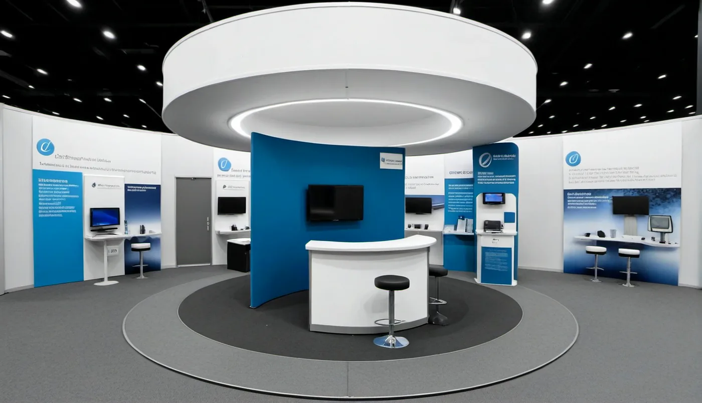 Render de referencia: stand de feria completo y amueblado