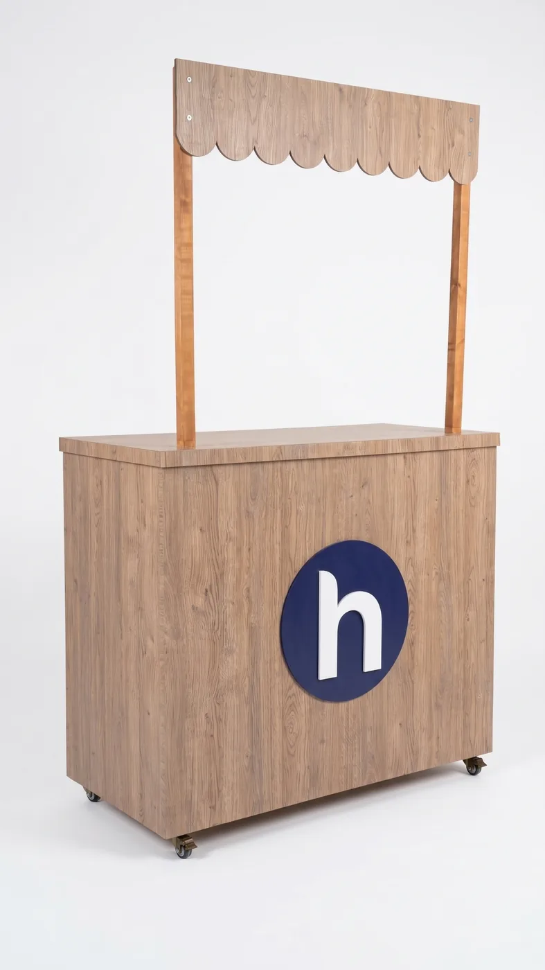 Render de referencia: stand móvil de madera con toldo