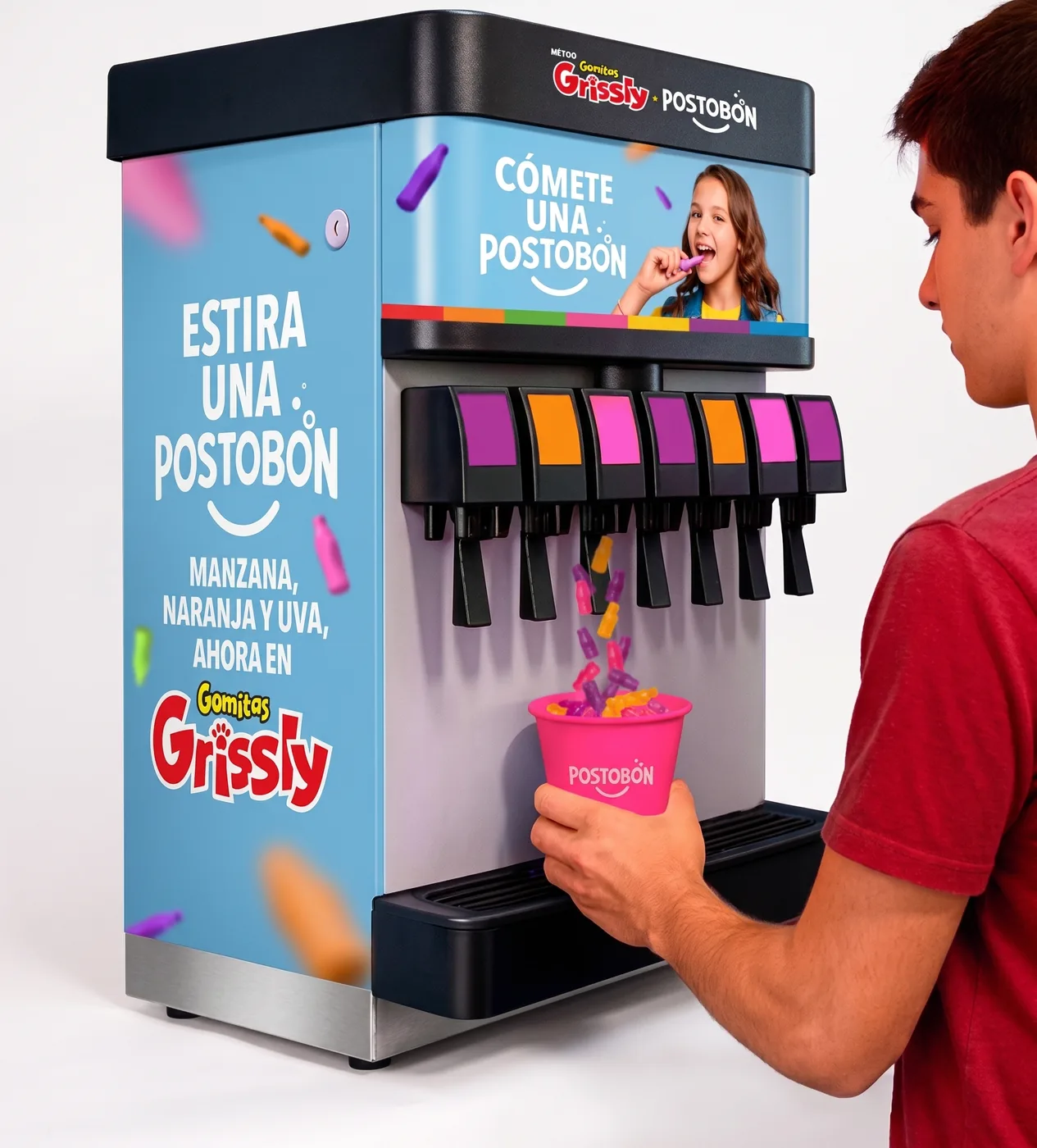Render de referencia: activación de marca con dispensador de bebidas